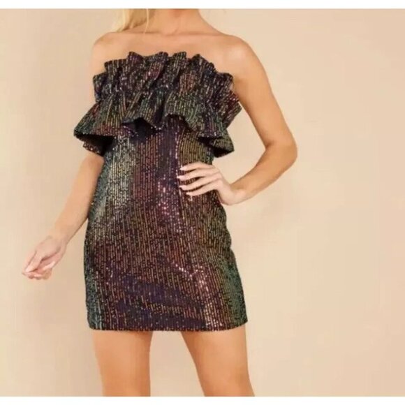 Allison & Kelly Sequin Ruffle Strapless Mini Dress Homecoming Cocktail Y2K Small - Picture 1 of 5